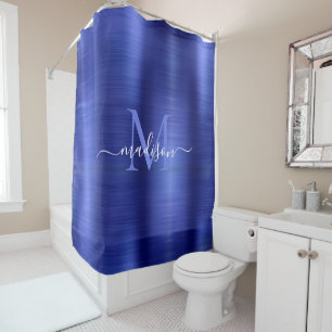 Chic Navy Blue Brushed Metal Monogram Girly Script Shower Curtain