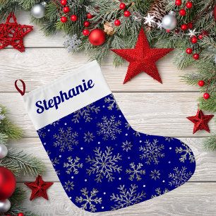 Chic Navy Blue Christmas w/ Elegant Snowflakes Large Christmas Stocking