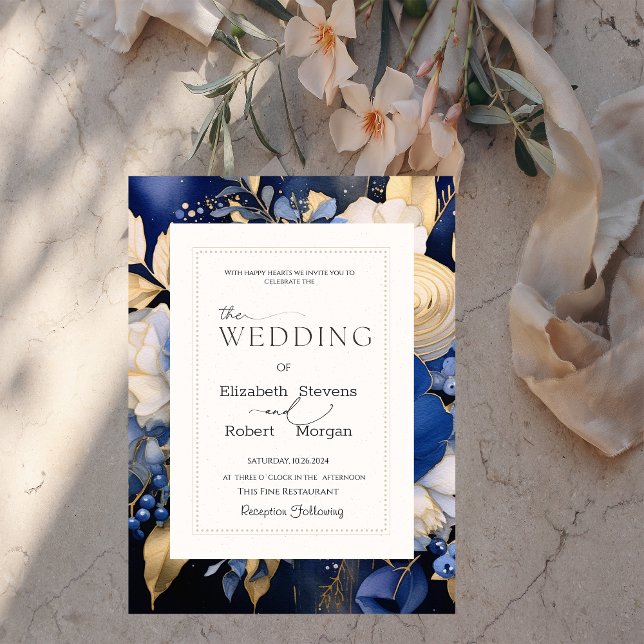 Chic Navy Blue Cream Flowers Wedding Invitation (Creator Uploaded)