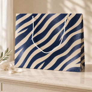 Chic Navy Blue & Cream Zebra Stripes Animal Print Large Gift Bag