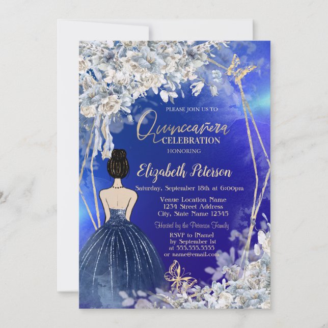 Chic Navy Blue Dress Girl,Blue Flowers Quinceanera Invitation (Front)