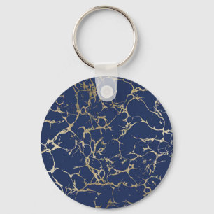 Chic navy blue faux gold foil marble pattern key ring