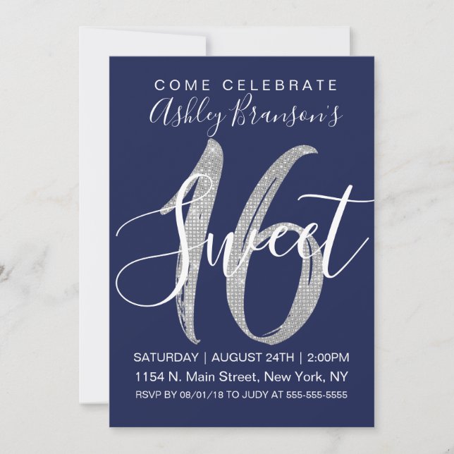 Chic Navy Blue Faux Silver Sequin Glitter Sweet 16 Invitation (Front)