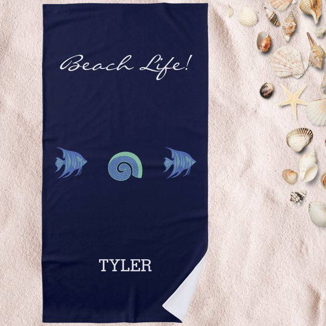 Chic Navy Blue Fish and Shell Name  Beach Towel (Creator Uploaded)