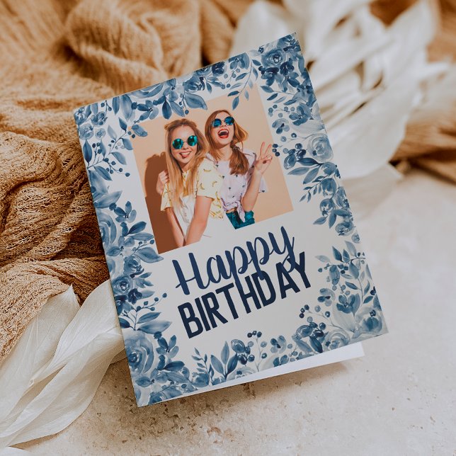 Chic navy blue floral happy birthday photo card (Creator Uploaded)