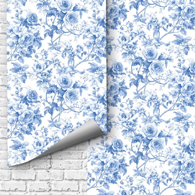 Chic Navy Blue French Toile Roses Floral Wallpaper (Chic Blue French Toile Roses Floral Wallpaper Design)