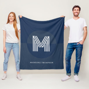Chic Navy Blue Geometric Modern Monogram Fleece Blanket