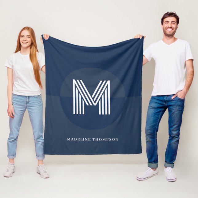 Chic Navy Blue Geometric Modern Monogram Fleece Blanket (In Situ)