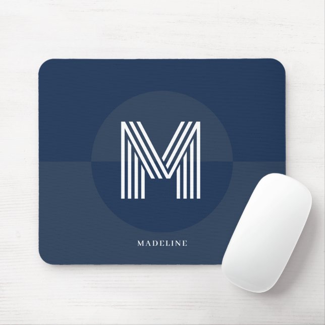Chic Navy Blue Geometric Modern Monogram Mouse Pad (With Mouse)