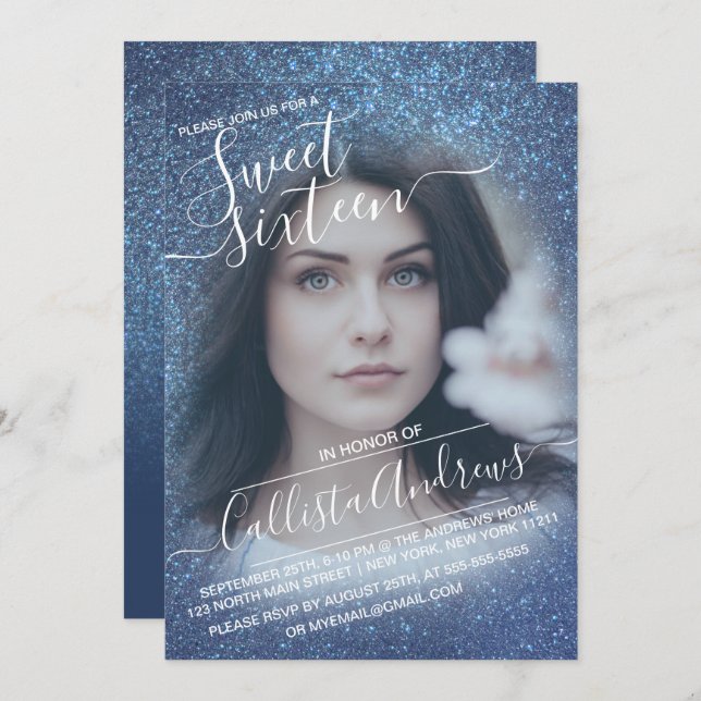 Chic Navy Blue Glitter Ombre Photo Sweet 16 Invitation (Front/Back)