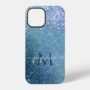 Chic Navy Blue Glitter Sparkle Girly Monogram Name iPhone 12 Case