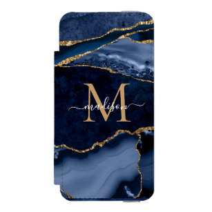 Chic Navy Blue Gold Agate Geode Feminine Monogram Incipio Watson™ iPhone 5 Wallet Case