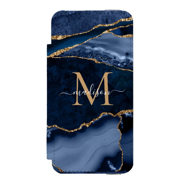 Chic Navy Blue Gold Agate Geode Feminine Monogram Incipio iPhone Wallet Case (Folio Front)