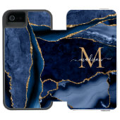 Chic Navy Blue Gold Agate Geode Feminine Monogram Incipio iPhone Wallet Case (Folio Open)