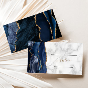 Chic Navy Blue Gold Agate Marble Wedding Business Card