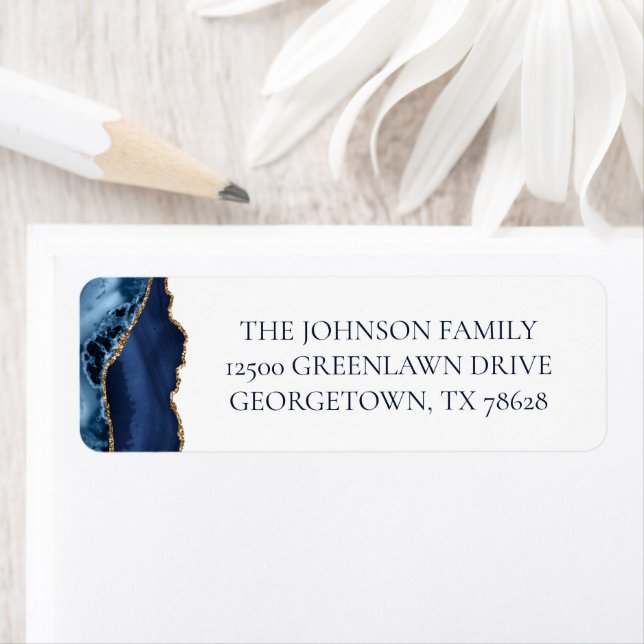 Chic Navy Blue Gold Agate Return Address (Insitu)