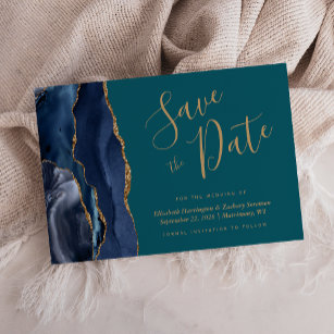 Chic Navy Blue Gold Agate Teal Save the Date Card