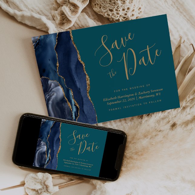 Chic Navy Blue Gold Agate Teal Save the Date Card (Creator Uploaded)
