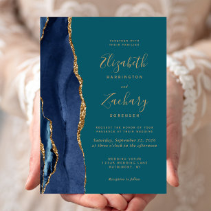 Chic Navy Blue Gold Agate Teal Wedding Invitation