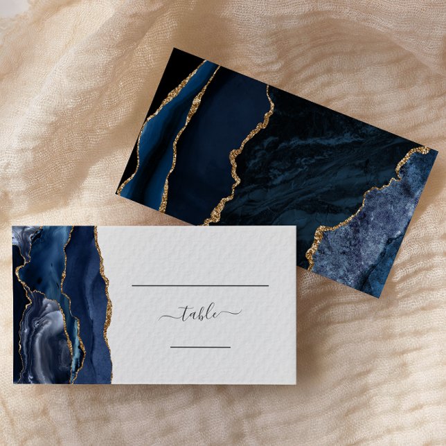Chic Navy Blue Gold Agate Wedding Escort Place Card (Creator Uploaded)