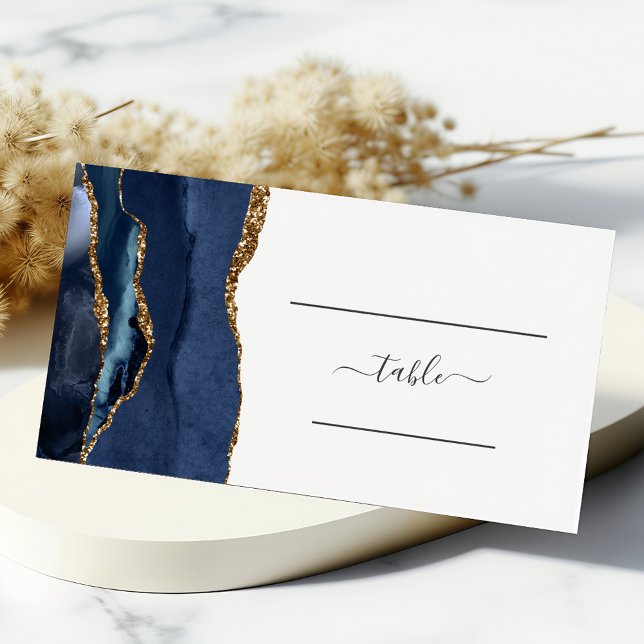 Chic Navy Blue Gold Agate Wedding Table Place Card (Creator Uploaded)