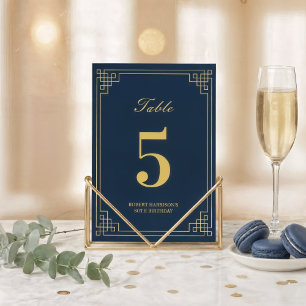 Chic Navy Blue Gold Art Deco 80th Birthday Table Number