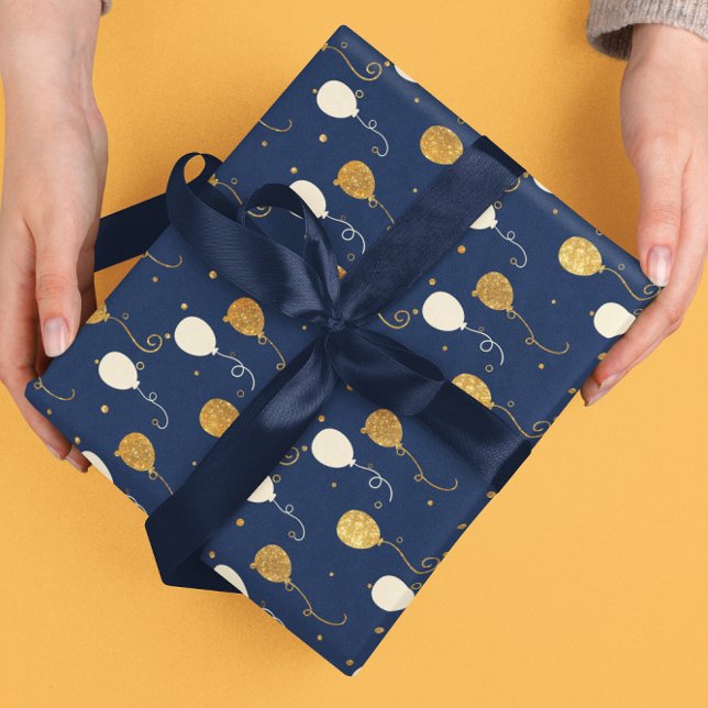 Chic Navy Blue Gold Balloon Celebrate Birthday Wrapping Paper (Creator Uploaded)
