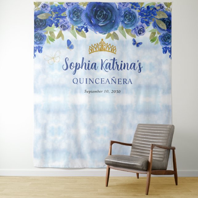 Chic Navy Blue Gold Floral Tiara Crown Quinceañera Tapestry (In Situ)