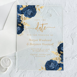 Chic Navy Blue Gold Floral Wedding Save the Date Acrylic Invitations