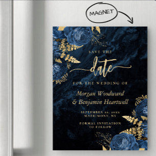 Chic Navy Blue Gold Floral Wedding Save the Date Magnetic Invitation