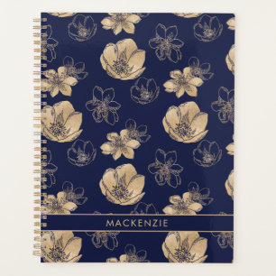 Chic Navy Blue Gold Foil Floral Pattern Planner