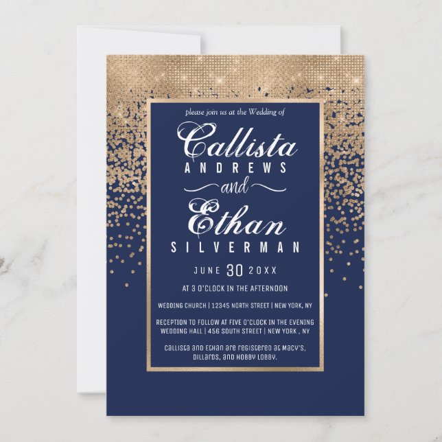Chic Navy Blue Gold Glitter Confetti Wedding Invitation (Front)