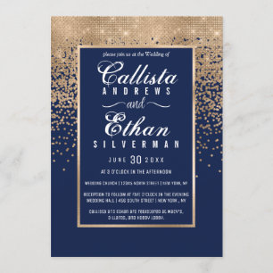 Chic Navy Blue Gold Glitter Confetti Wedding Invitation
