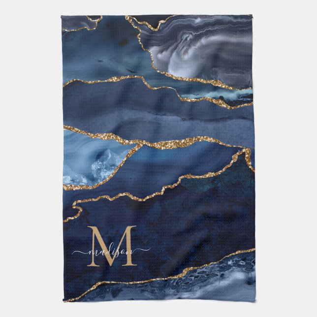 Chic Navy Blue Gold Glitter Geode Marble Monogram Tea Towel (Vertical)