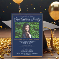 Chic Navy Blue Gold Photo Graduation Party