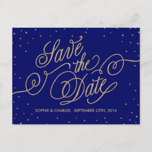 Chic Navy Blue & Gold Stars Save the Date Postcard