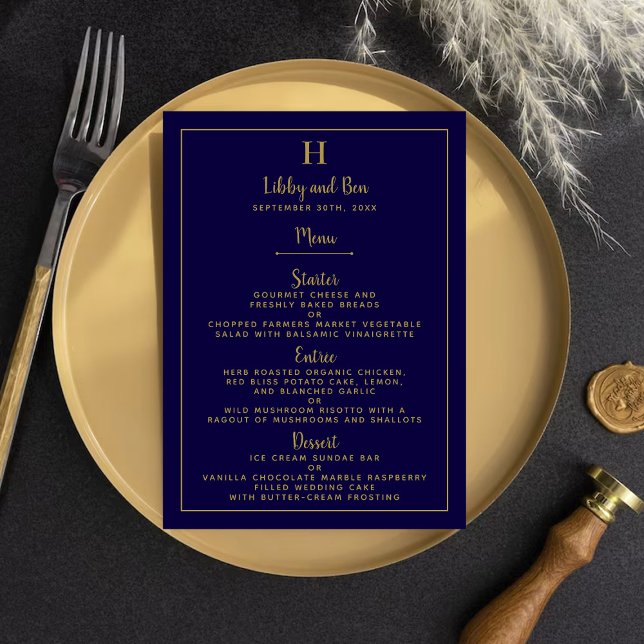 Chic Navy Blue & Gold Wedding Menu Template (Creator Uploaded)