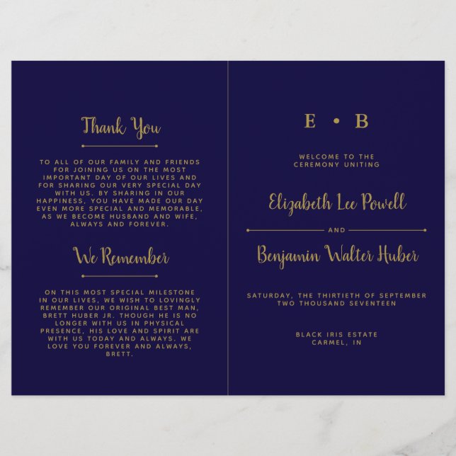 Chic Navy Blue & Gold Wedding Program Template (Front)