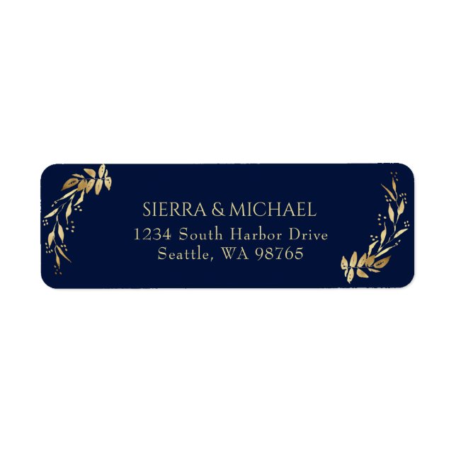 Chic Navy Blue Gold Wedding Return Address (Front)
