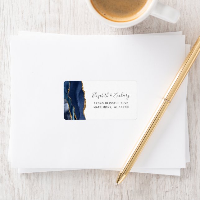 Chic Navy Blue Gold Wedding RSVP Self-Address Label (Insitu)
