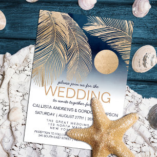 Chic Navy Blue Gold White Palm Tree Leaf Wedding Invitation