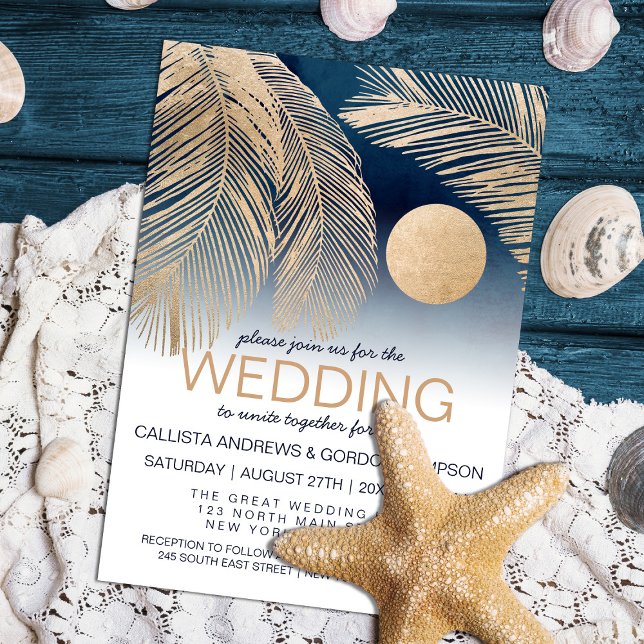 Chic Navy Blue Gold White Palm Tree Leaf Wedding Invitation (Creator Uploaded)