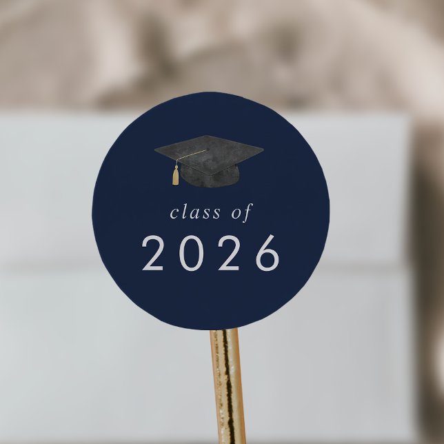 Chic Navy Blue Grad Cap Class of 2025 Graduation Classic Round Sticker (Chic Navy Blue Grad Cap Class of 2026 Graduation Classic Round Sticker)