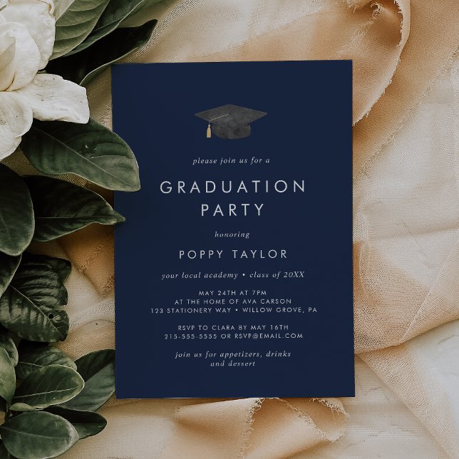 Chic Navy Blue Grad Cap Graduation Party Invitation (Creator Uploaded)