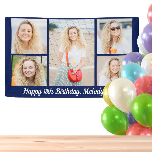 Chic Navy Blue Happy Birthday Photo Collage Party Banner