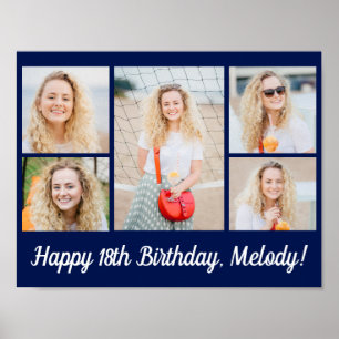 Chic Navy Blue Happy Birthday Photo Collage Party Poster
