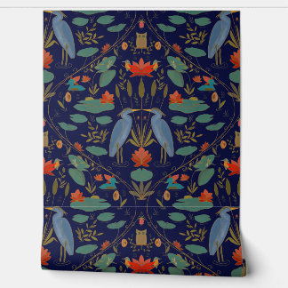 Chic navy blue Heron Pond Heritage Revival Wallpaper