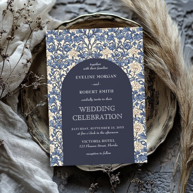 Chic navy blue ivory floral Art Nouveau Morris Invitation (Chic navy blue ivory floral Art Nouveau Morris Invitation)