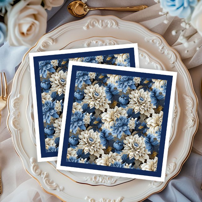 Chic Navy Blue Ivory Floral Wedding Napkins (Chic Navy Blue Ivory Floral Wedding Napkins)