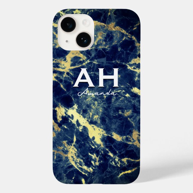chic navy blue marble faux gold glitter monogram Case-Mate iPhone case (Back)